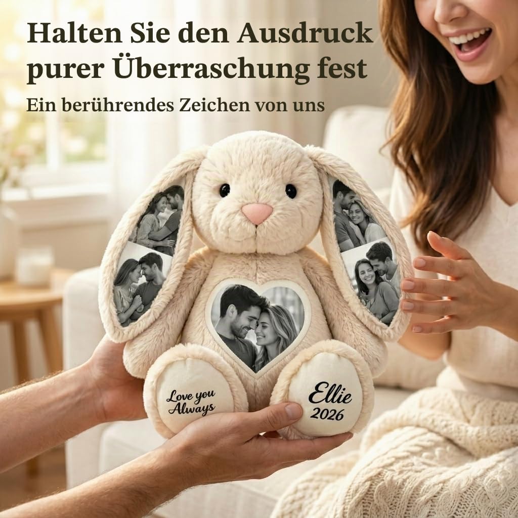 Personalised Fabric Rabbit with 5 Photos, Cuddly Toy Rabbit with Hidden Pictures in the Ears, Photo Cuddly Toy Made of Soft Plush, Warm Gift for Couples, Family, Friends, 26 cm / 40 cm – Bild 3