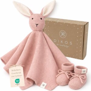 DIKOS® Cuddly Blanket Cuddly Rabbit & Socks – Premium Gift Set Made of Soft, Knitted Organic Cotton (Oeko-Tex) for Newborns – Cuddly Blanket as First Cuddly Toy – for Birth