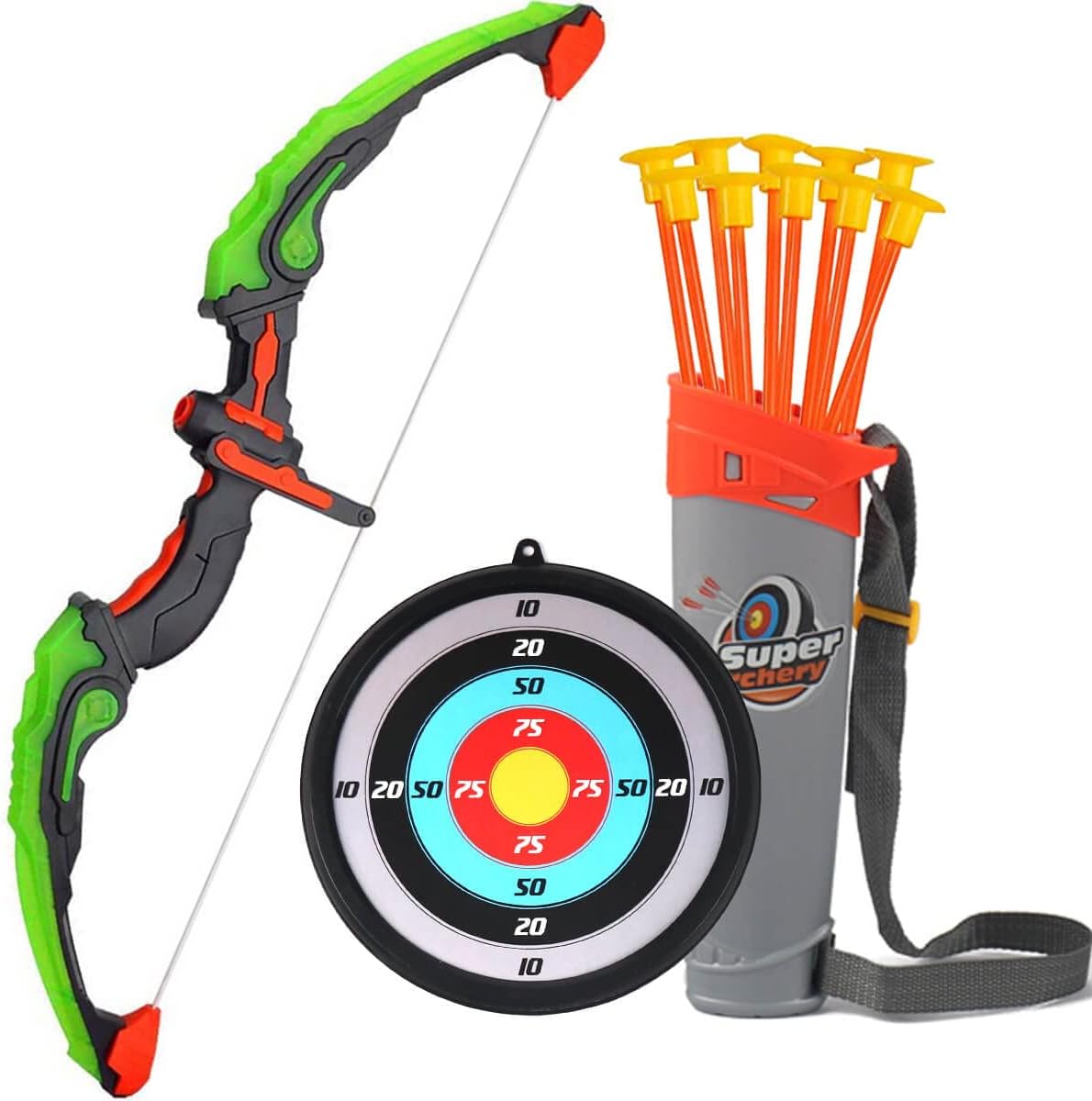 Archery Set Arrow and Bow Set for Children with LED Flash Lights, 1 x Target, 10 x Suction Cup Arrows, 1 x Arrow Holder, Toy Bow Set for Boys and Girls from 6 Years