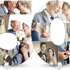 Personalised Acrylic Glass Photo Collage – 50th Birthday or Gold Wedding Anniversary – with 10 Own Pictures, 3mm Acrylic Glass, Stand and Adhesive Dots Optional, Choice of Size, Birthday Gift
