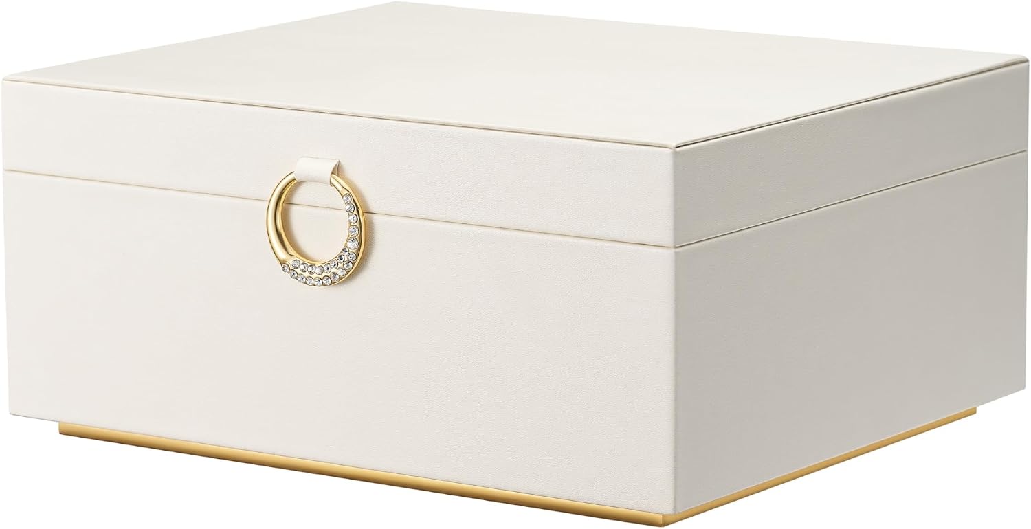 pickpiff 2-Tier Jewellery Cabinet for Women, Jewellery Storage with Handle and Removable Compartment, Necklace Holder, Velvet Lined Jewellery Cabinet for Home or Travel, Beige
