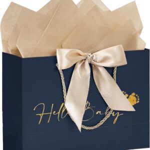 Gift Bag for Birth Large 30 x 25 x 11 cm Baby Shower Gift Bags Paper Gift Bag Black with Golden Bow Hello Baby Feet Sign Baby Shower Bag Paper Bags with Handle for Birth Newborn