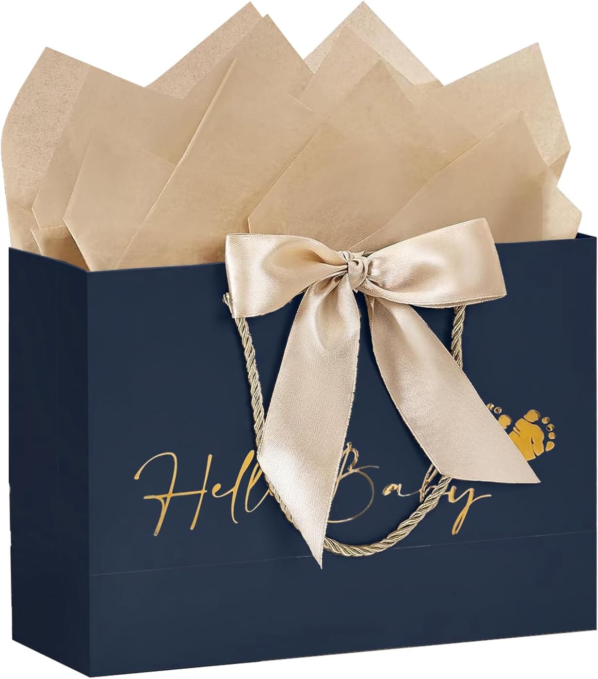 Gift Bag for Birth Large 30 x 25 x 11 cm Baby Shower Gift Bags Paper Gift Bag Black with Golden Bow Hello Baby Feet Sign Baby Shower Bag Paper Bags with Handle for Birth Newborn