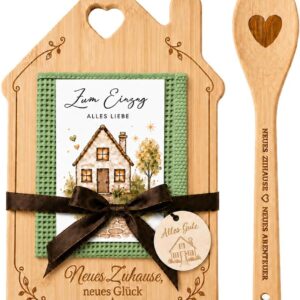 Housewarming Gift New Home – Gift Set with Chopping Board, Cooking Spoon, Kitchen Towel & Card for Home, Home & Topping Party