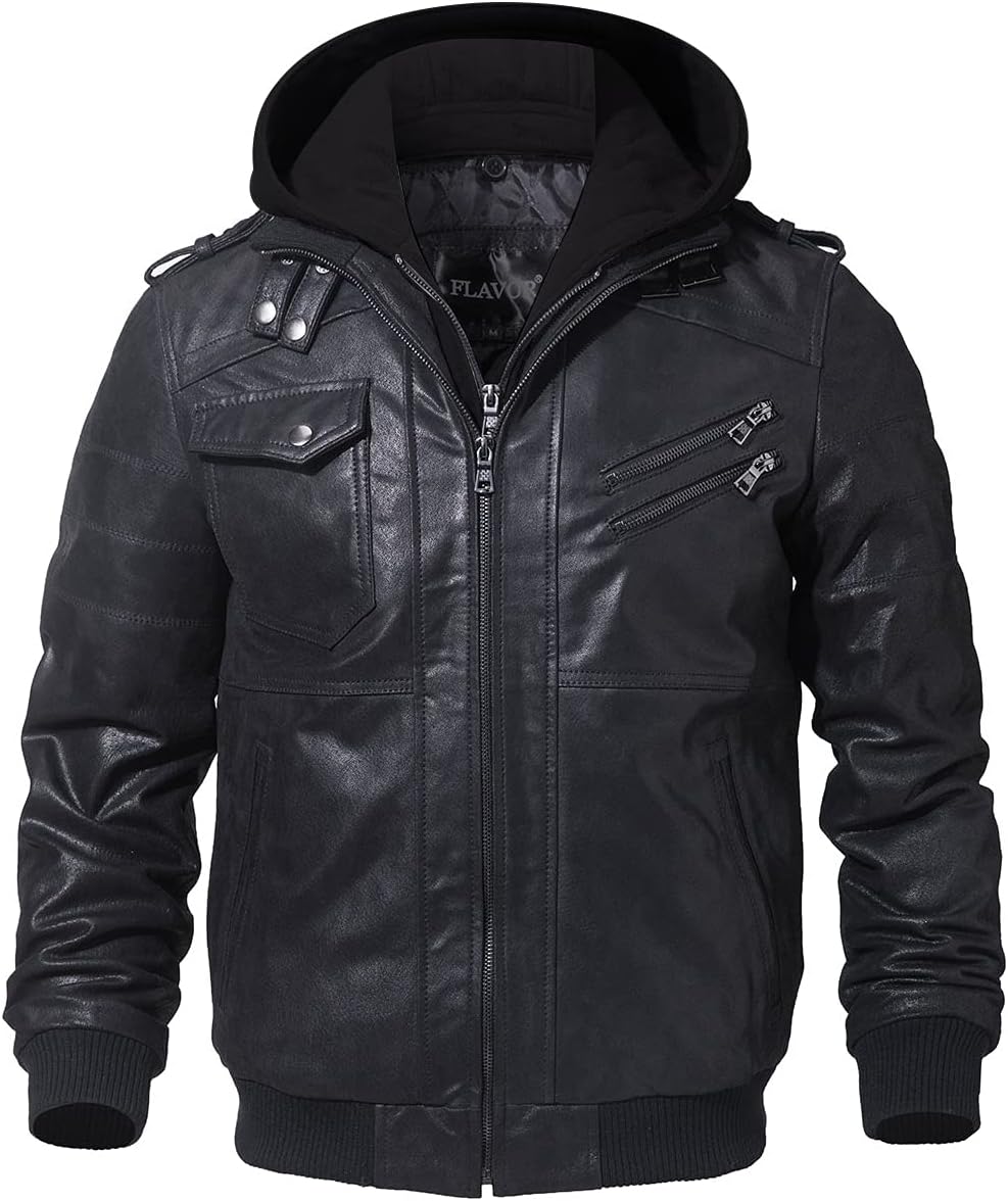 FLAVOR Genuine Leather Jacket, Men's Removable Hoodie – Bild 5