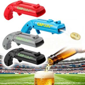 Bottle Opener Pistol Pack of 4, Funny Shot Bottle Opener with Bottle Cap Game, Beer Gift for Men, Dad, Husband for Father's Day & Birthday (Red, Grey, Blue, Black)