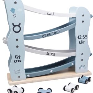 Wooden Marble Run Personalised with Name Blue – Racing Track for Children from 1 Year – Marble Run & Car Racing Track Toy – Gift 1 2 3 Birthday Boy Girl – Wooden Marble Run Montessori