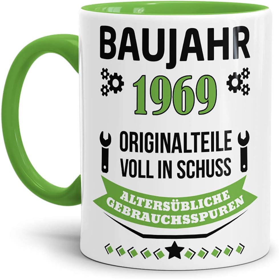 Printed Birthday Coffee Mug with Birth Year and Funny German Text