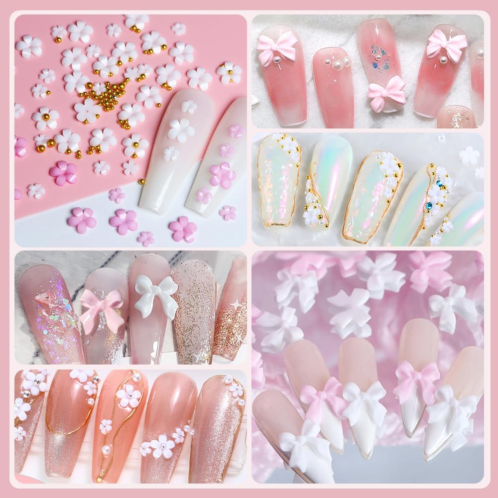 Nail Charms, Flower Nail Charms, 3D Pink Bow Nail Art Decoration, 3D Acrylic Flowers Nail Gems with White Half Pearls for Women Acrylic Nail – Bild 3