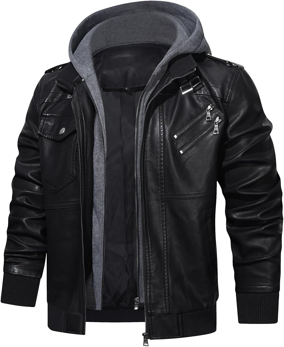 HOOD CREW Casual Biker Leather Jacket Made of Faux Leather for Men with Removable Hood – Bild 4