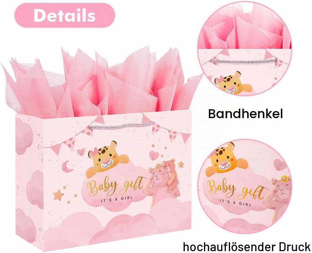 Ssyuysto Large Gift Bag Birth Girl 33 cm Wide Pink Baby Girl Gift Bag with Tissue Paper Greeting Card for Baby Shower Birthday Baby Shower Christening Gender Reveal Cute Animals – Bild 6