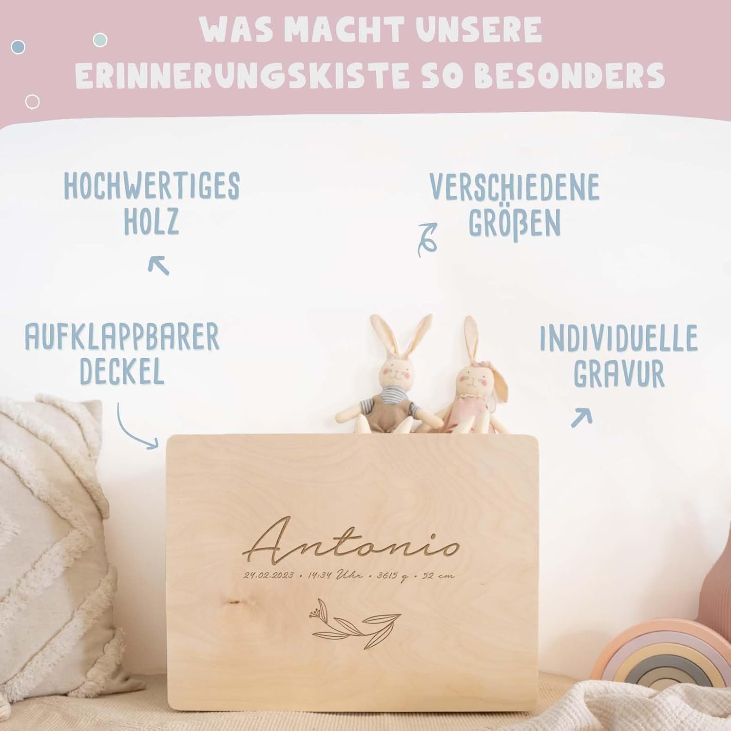 hellomini Personalised Wooden Memory Box, Engraved Storage Box with Name & Birth Dates, Gift for Birth, Christening & Birthday, High-Quality Baby Memory Box (Leaves) – Bild 4