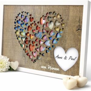 Traumwelten-Zimmermann Wedding Money Gift in Picture Frame with Real Glass, Creative Money Gift Packaging for Bride and Groom, Wooden Heart Motif, Wedding Gift, 18 x 24 cm