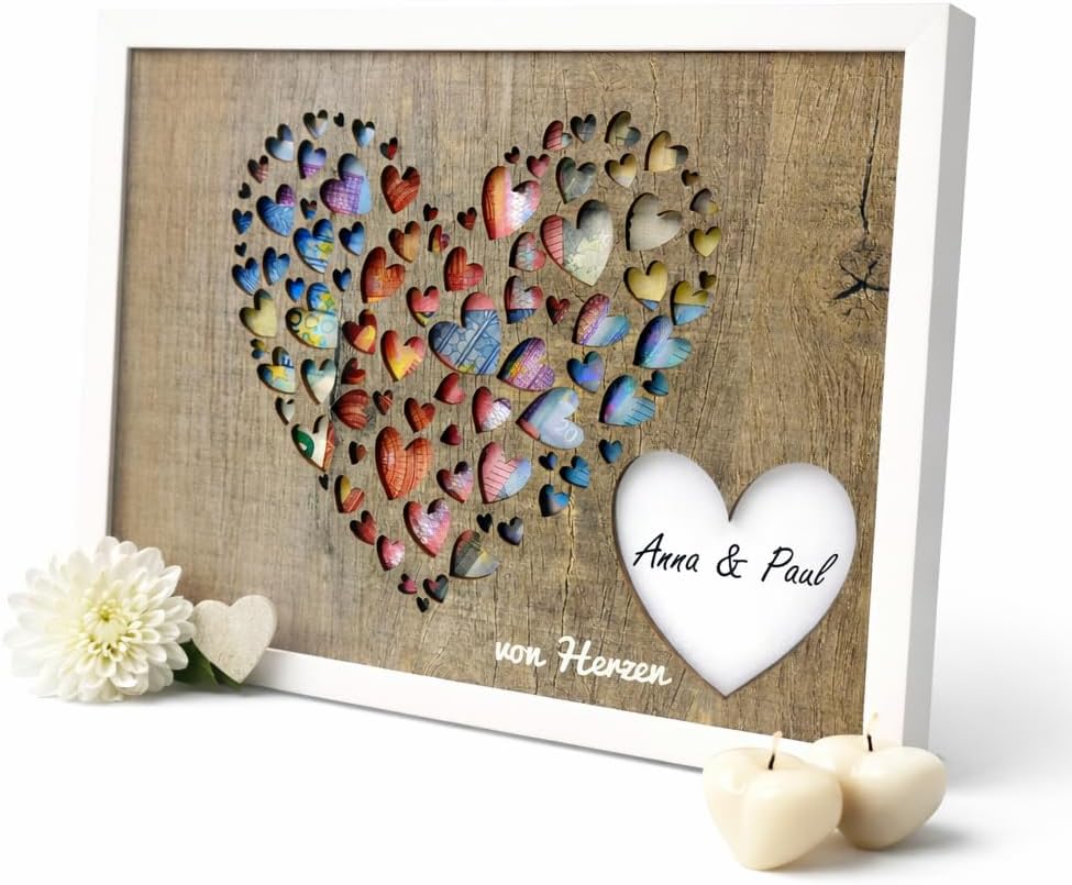 Traumwelten-Zimmermann Wedding Money Gift in Picture Frame with Real Glass, Creative Money Gift Packaging for Bride and Groom, Wooden Heart Motif, Wedding Gift, 18 x 24 cm