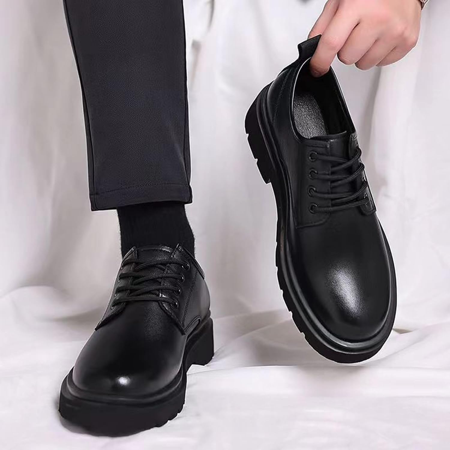 Elevator Shoes for Men Business Casual Leather Shoes with Thick Soles Wedding Shoes British Style Dress Shoes Men Lace Up Low Shoes Height Increasing Leather Shoes Formal Evening Shoes – Bild 5