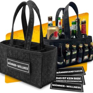 Longfair Men's Beer Handbag - Felt Bag for 8 Beer Bottles & Cans with 3 Patches & Shot Holder - Funny Men's Gift for Father's Day, Birthday, Festival & Men's Night