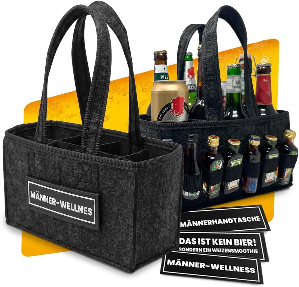 Longfair Men's Beer Handbag - Felt Bag for 8 Beer Bottles & Cans with 3 Patches & Shot Holder - Funny Men's Gift for Father's Day, Birthday, Festival & Men's Night