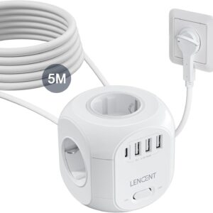 LENCENT 4-Way Socket Strip, Flat Plug, Socket Cube, 8-in-1 Power Strip, with 3 USB A and 1 USB C Port, 5-Metre Cable, for Wall Socket