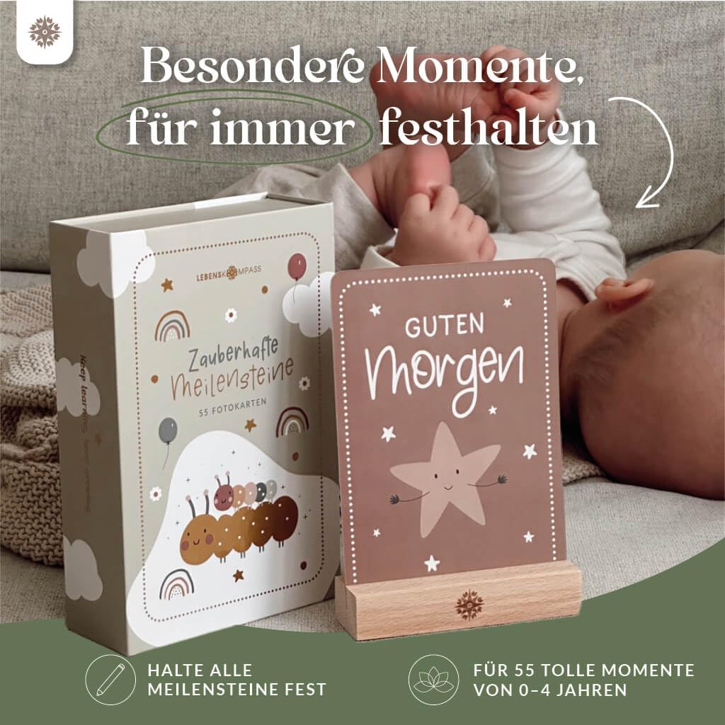 Lebenskompass Milestone Cards Baby - 55 Magical Monthly Cards as a Baby Shower Gift with Beautiful Gift Packaging - Includes Wooden Card Stand – Bild 2