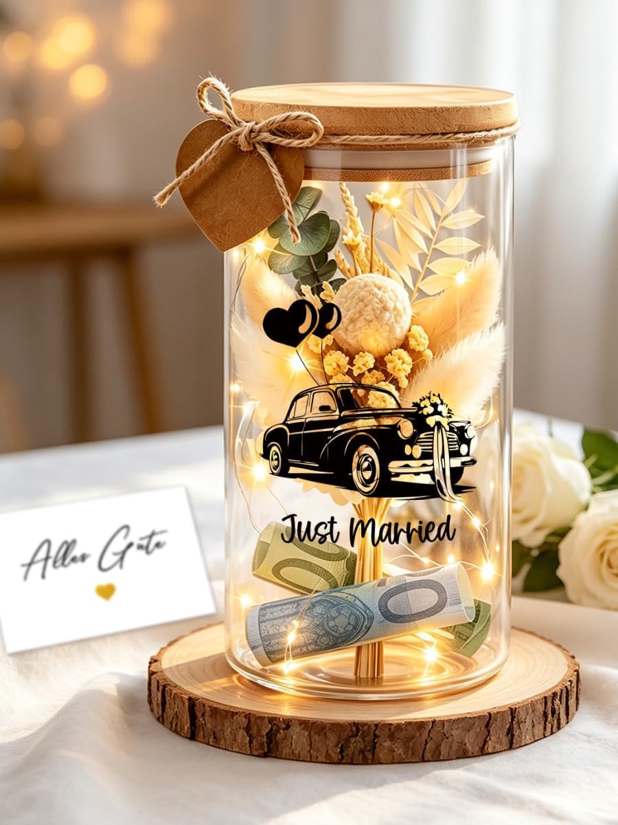 Money Gift Wedding Packaging, Wedding Car Glass Bottle with LED Fairy Lights & Dried Flowers, Wedding Gifts for Bride and Groom, Personalised Wedding Gift Packaging Wedding – Bild 3