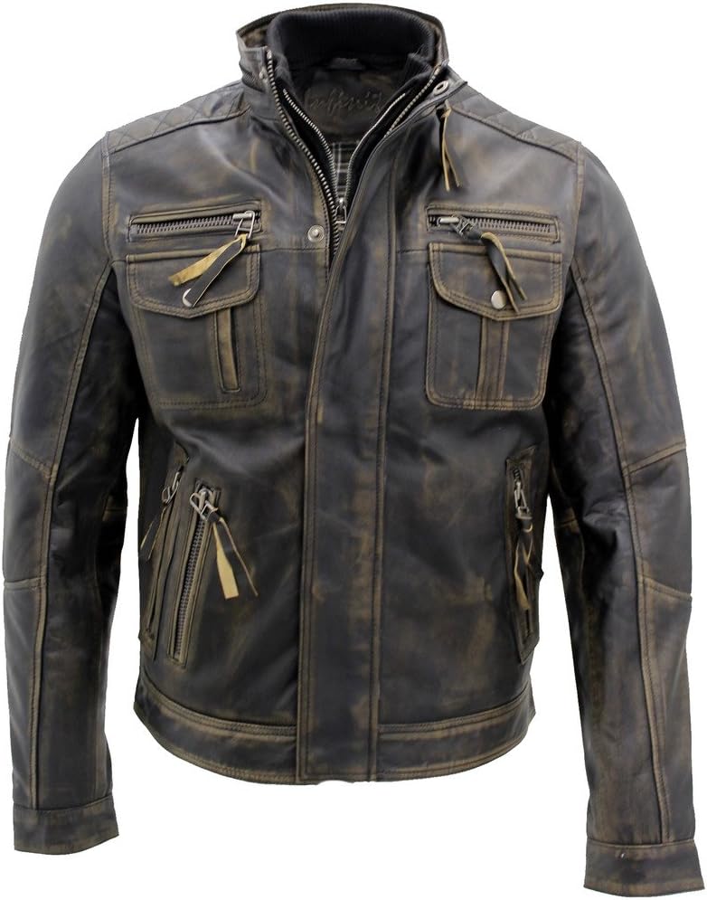 Infinity Men’s Brando Leather, Biker Jacket, Black, Warm, Vintage