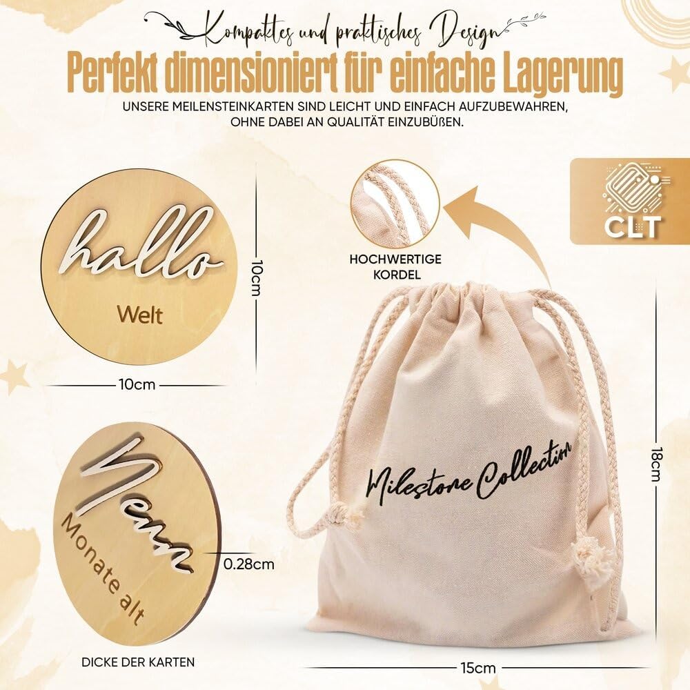 Wooden Milestone Cards Baby German – 14 Milestones on Elegant Wooden Discs with 3D Effect as a Gift in Fabric Bag Packed for Birth/Baby Shower for Pregnant Women, Expectant Mothers – Bild 7