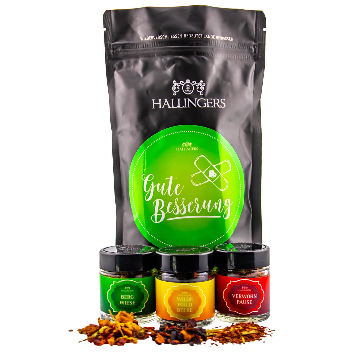 Hallingers Genuss Manufaktur Delicatessen Gift Set – Quality in the Wonder Bag "Get Well Soon", Small Convalescence Greeting with 3 Teas Herbal Tea, Fruit Tea & Roibuschtea, Gift Idea for Men and Women