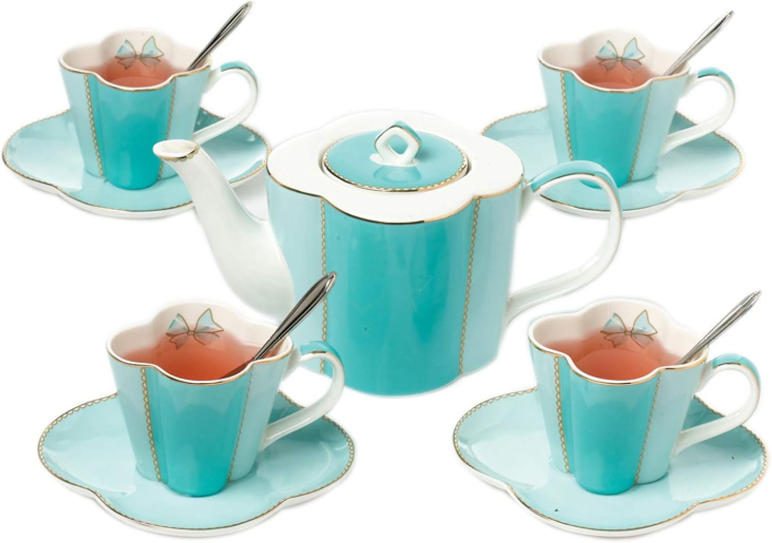 Porcelain Ceramic Coffee Tea Gift Sets Coffee Cup for 4 Series Bone China Teapot with Tea Cups and Teaspoons Birthday Wedding Gifts, Pink