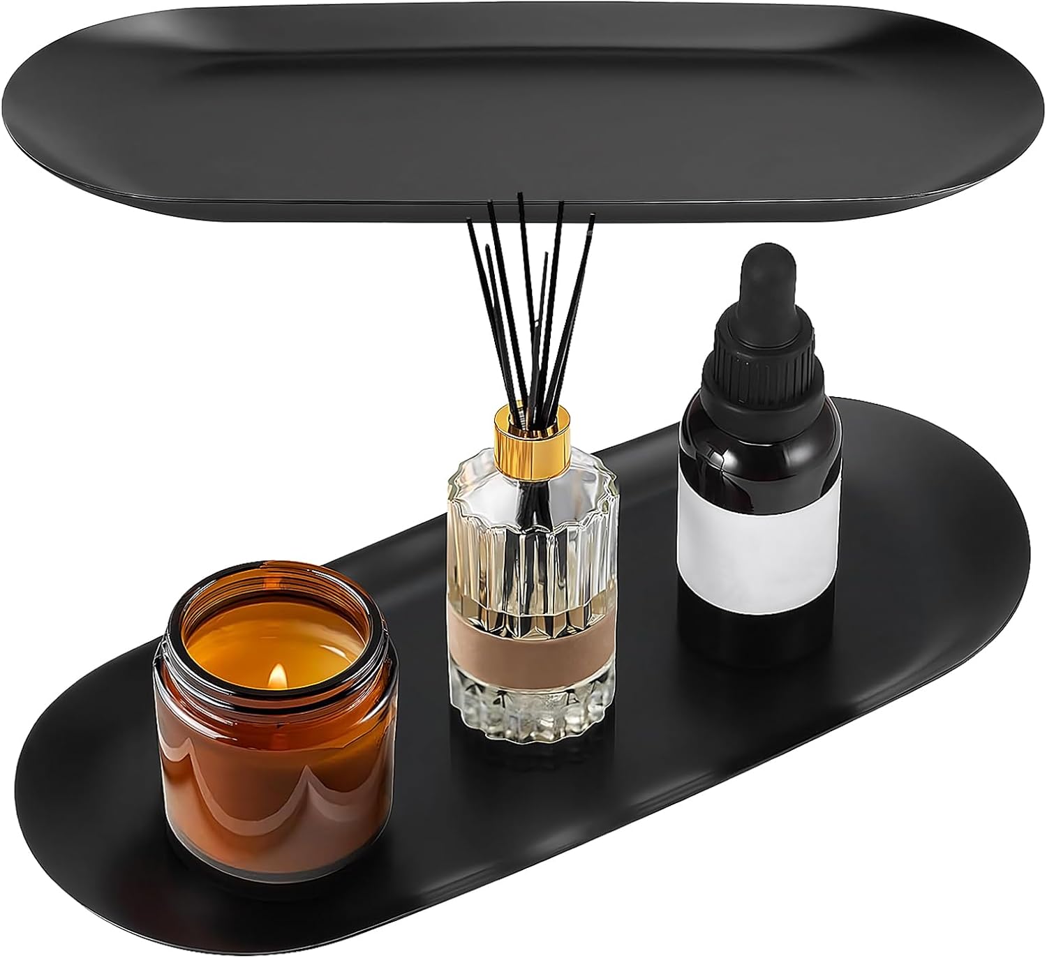 Set of 2 Decorative Trays Stainless Steel Serving Tray Metal Oval 23 x 9.5 cm Jewellery Tray Small Storage Tray Ceramic Black for Desserts, Cosmetics, Jewellery, Candles, Keys (Black)