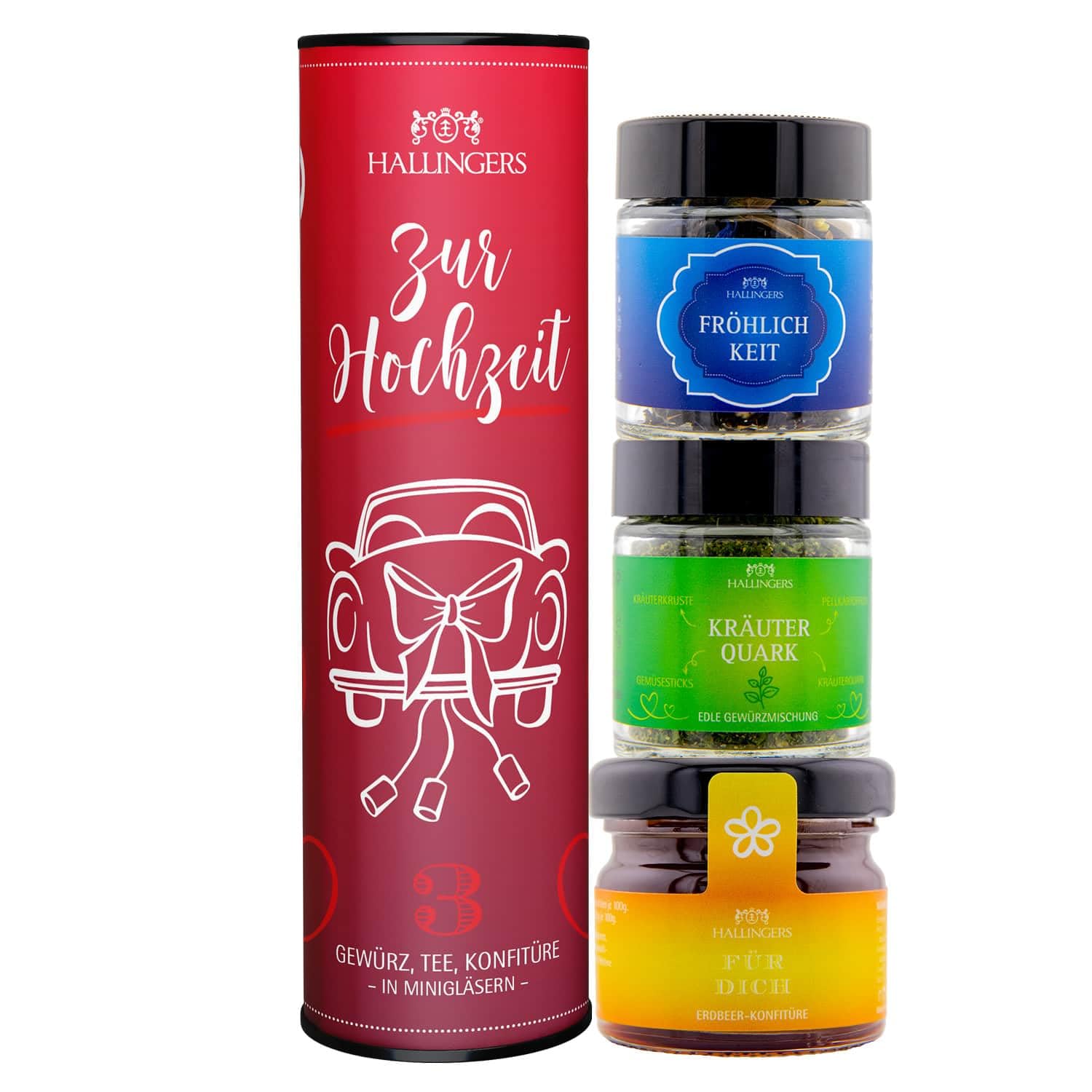 Hallingers Wedding Gift Set - 3-Piece Gift Set with Tea, Jam and Spice - Delicatessen Enjoyment Set as Gift Idea, Gourmet Gift Vegan (Set) - Gift Ideas Christmas & Gifts Advent Calendars