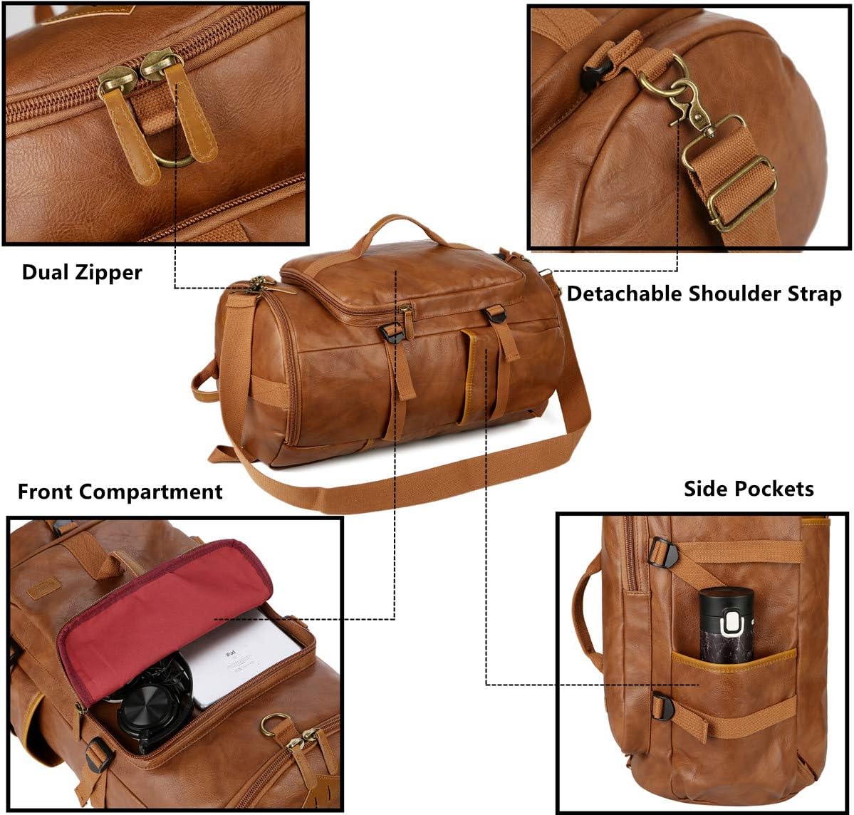 BAOSHA HB-26 Men's Backpacks Hand Luggage Shoulder Bag Convertible PU Leather Travel Bag Hiking Backpacks Sports Bag Travel Duffel Bag Weekender Bag – Bild 5
