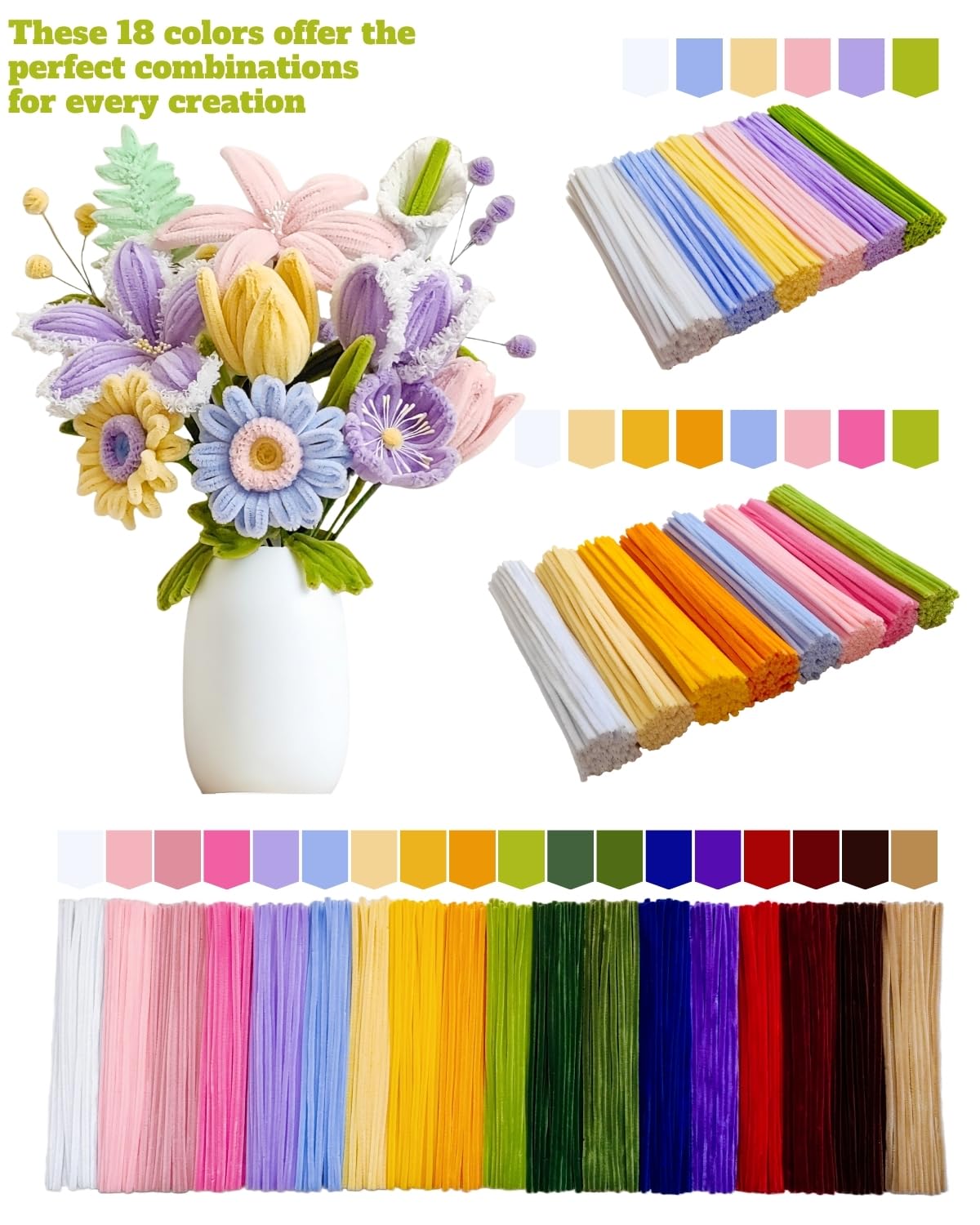 YYUENGTAK 1000 Pieces Pipe Cleaners Flower Set, Pipe Cleaners for Crafts, 18 Colours Chenille Stems (Pipe Cleaner) with Complete Accessory Set & Instructions, Creative Supplies, DIY Art Projects & Creative Gift – Bild 2