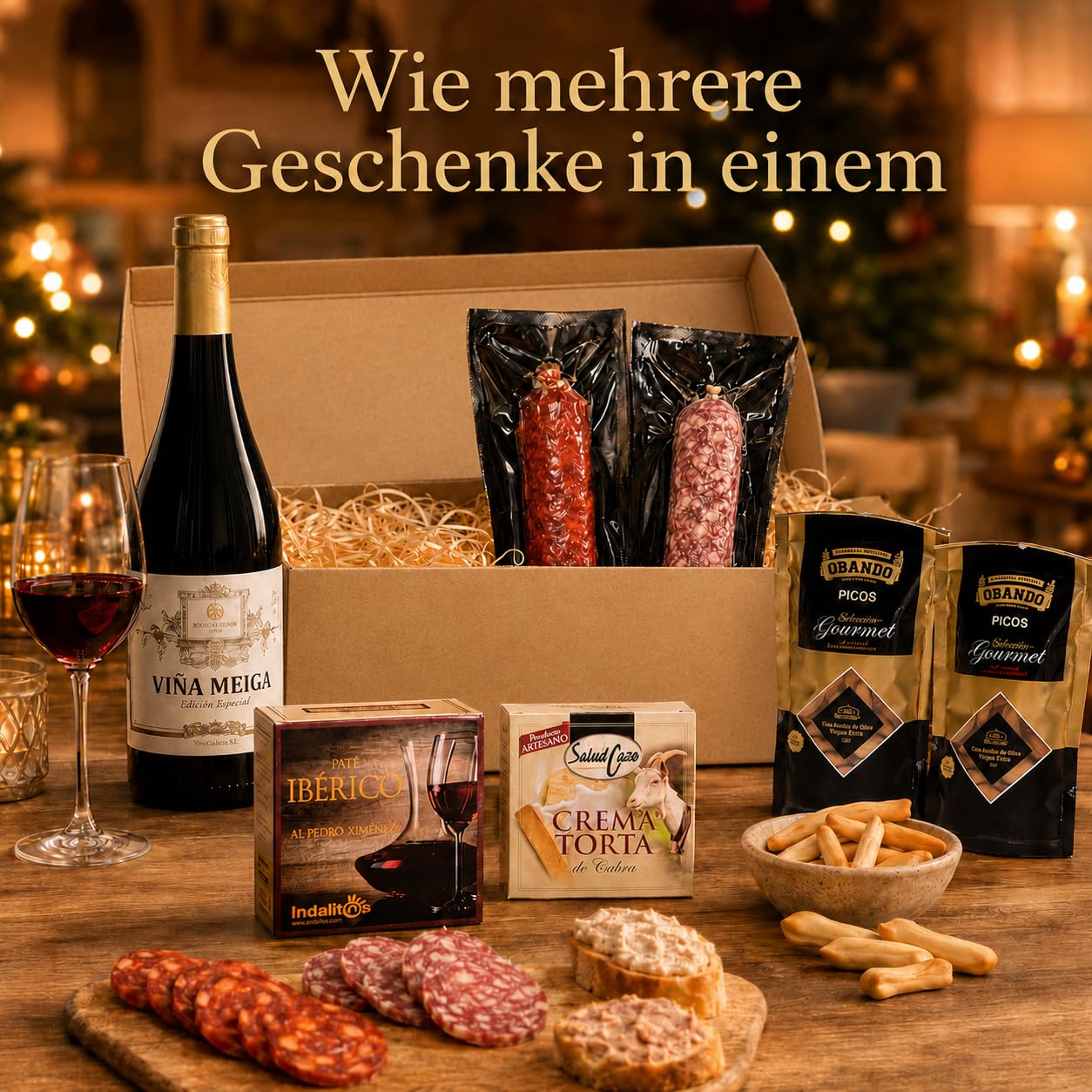 Gift Basket Filled for Men │ Gift Basket Spanish Specialities │ Men's Gifts Birthday, Father's Day │ Red Wine, Chorizo, Salami, Paté, Goat Cheese — AF – Bild 2