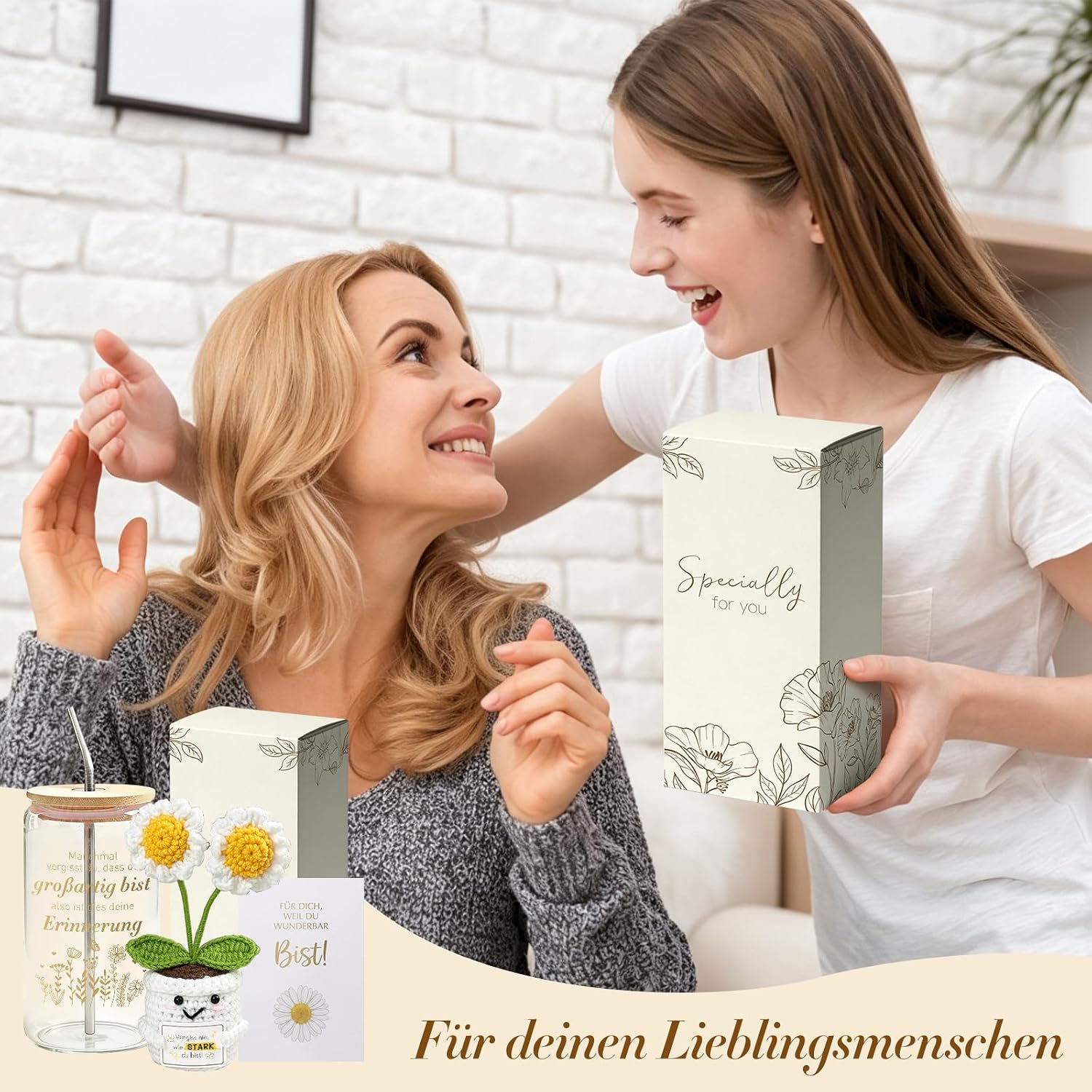 Gift Set for Women - 500 ml Glass Drinking Cup with Crochet Flower, Greeting Card & Gift Box - Inspirational Motivational Gift for New Beginnings & Strength – Bild 5