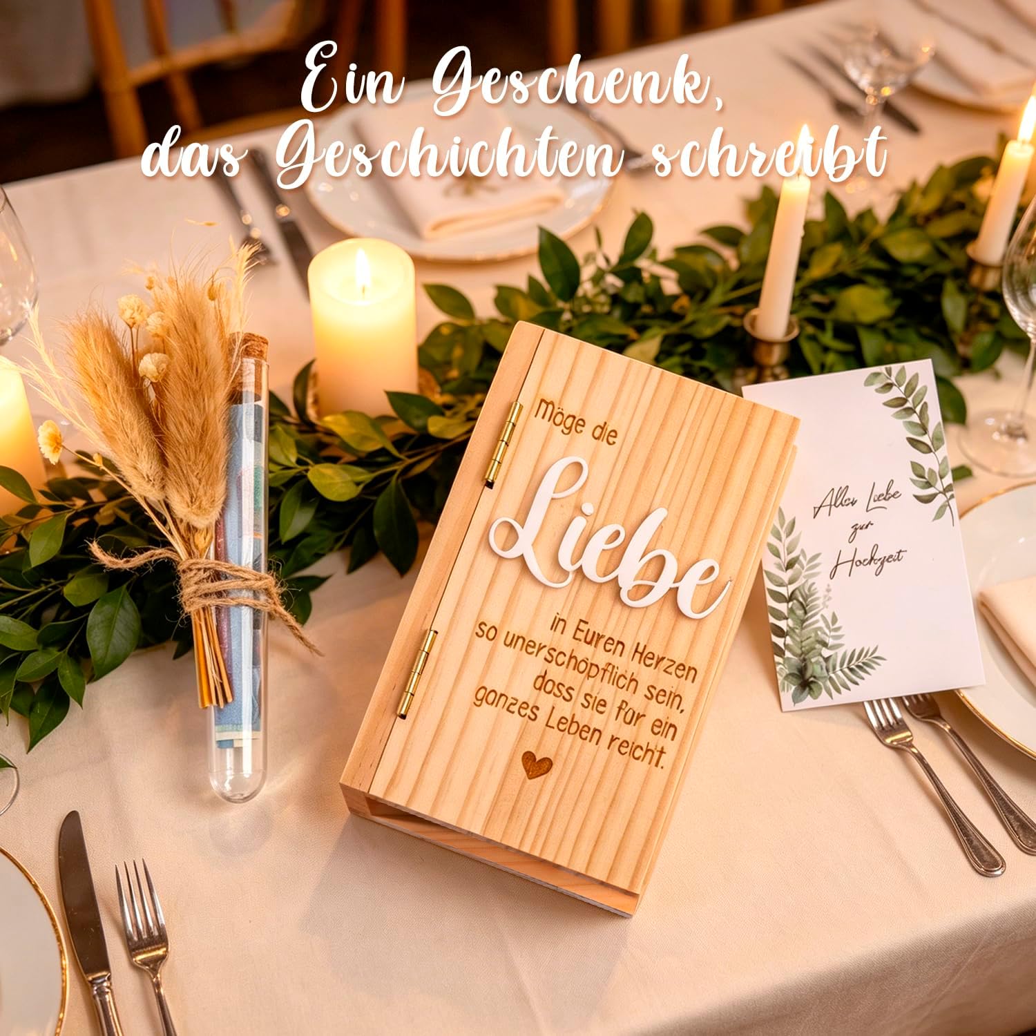 Money Gift Wedding Wooden Money Gift - Wedding Gift Wooden Box in Book Shape Creative Gift Bride and Groom Wedding Memory Box Set with Test Tube Fairy Lights Dried Flowers Greeting Cards – Bild 7