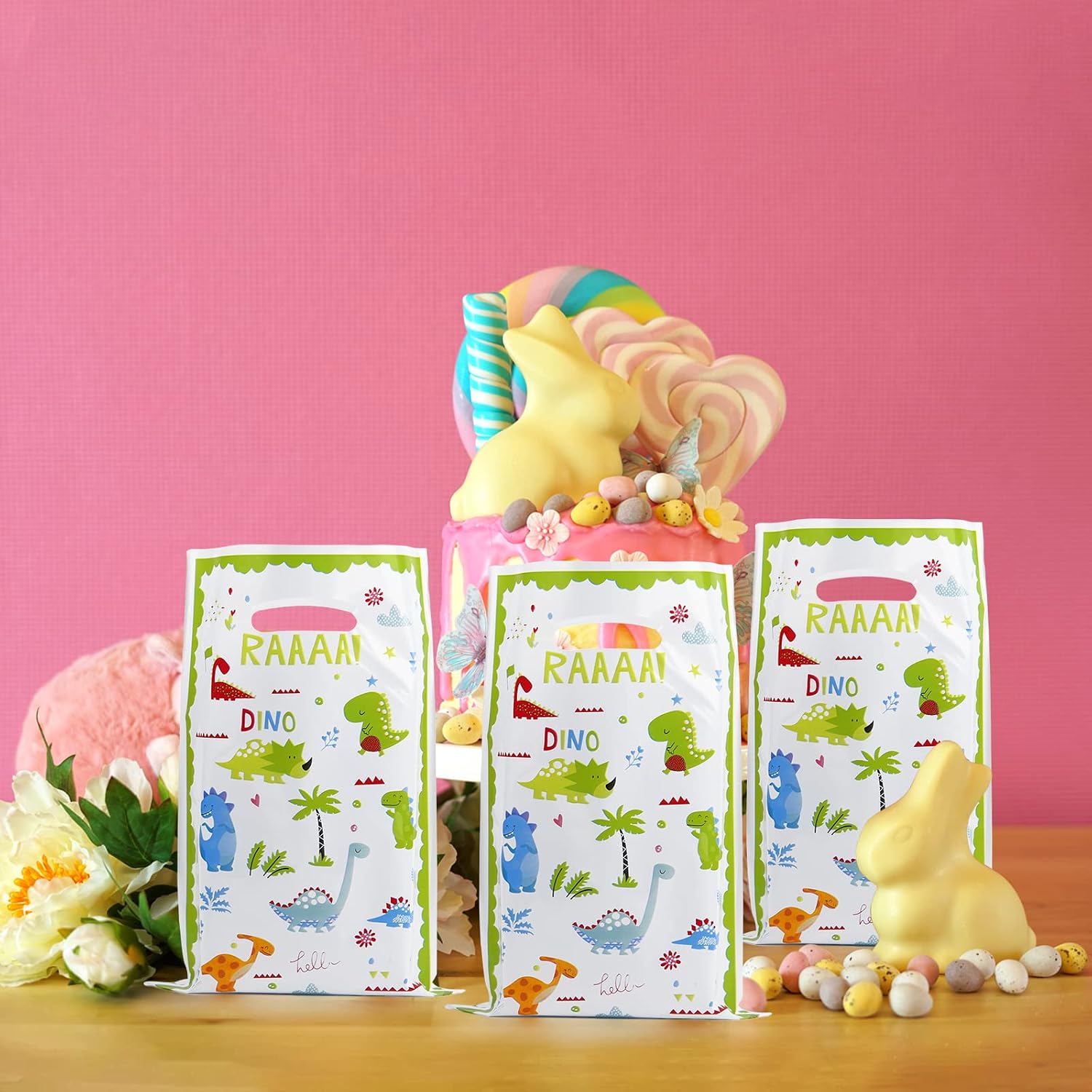 ASTARON Pack of 30 Dinosaur Birthday Gift Bags for Kids Party, Baby Shower Party Supplies, Plastic Goodie Bags for Children Favours, Dinosaur Party Decorations – Bild 5