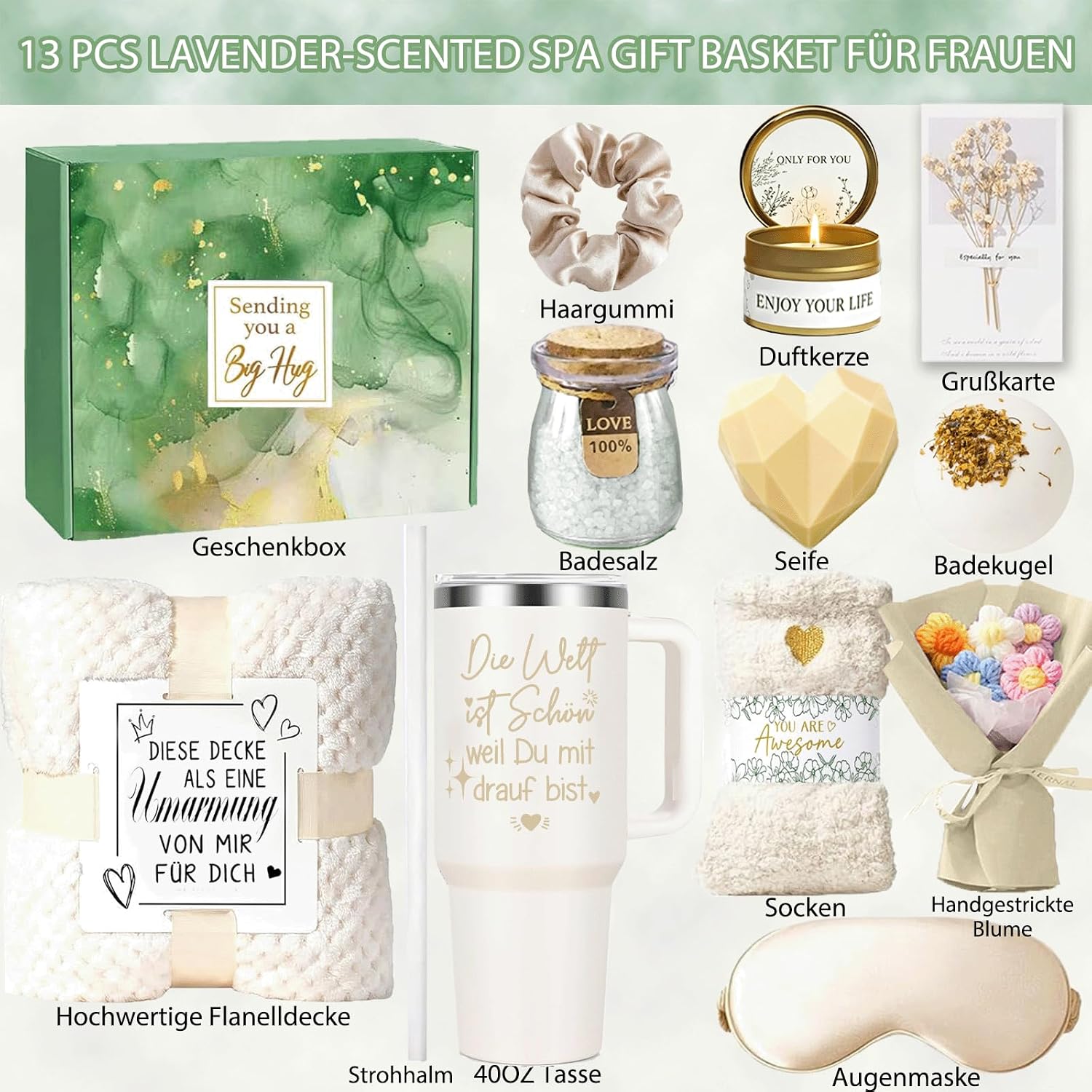 Wellness Gift Set for Women - 13-Piece Baths Fragrance Gift Box with 40 oz Stainless Steel Wine Cup Cuddly Blanket & Bath Additive Relaxation Birthday Christmas Gift Idea for Mum, Girlfriend – Bild 3