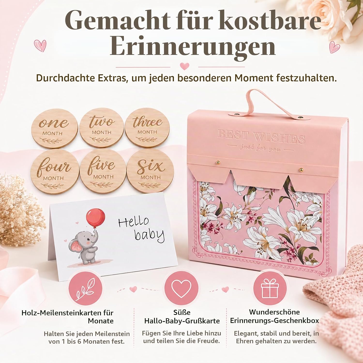 Newborn Gift - 15 Piece Baby Gift Set Includes Baby Blanket, Romper, Teething Cloth, Wooden Brush, Milestone Cards, Bib, Socks and a Keepsake Box (Pink) – Bild 6