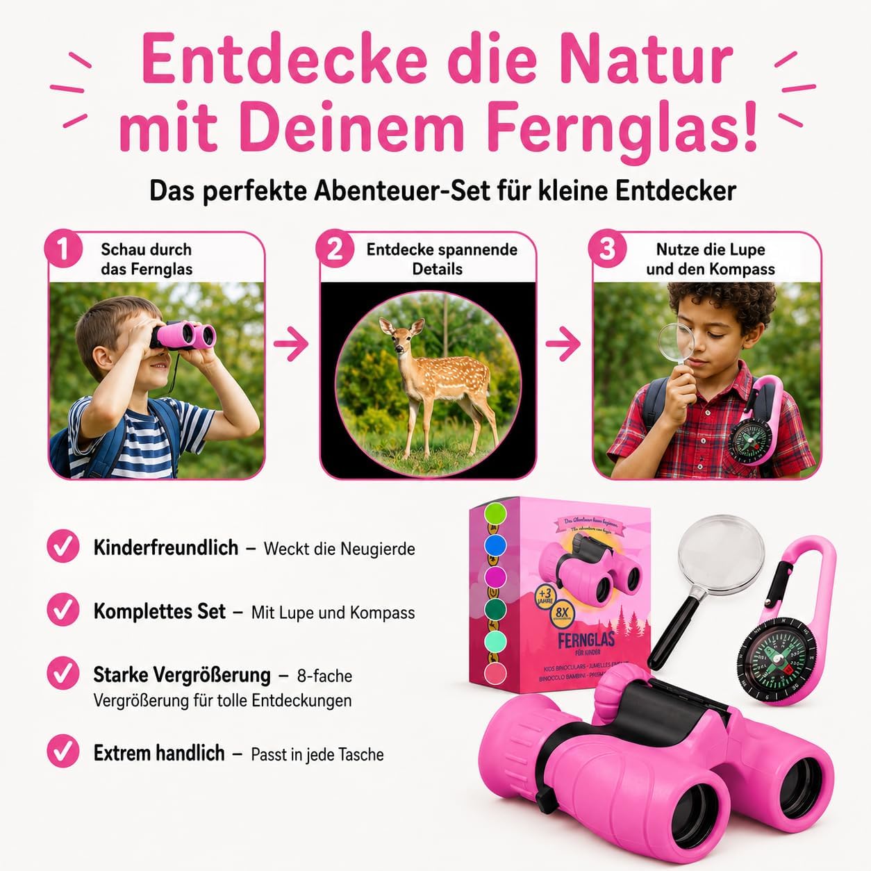 Binoculars for Kids - Gift for Little Boys and Girls for Christmas - Strong Magnification 8 x 21 - Large Set Including Magnifier & Compass - Toy for 3-12 Years – Bild 6