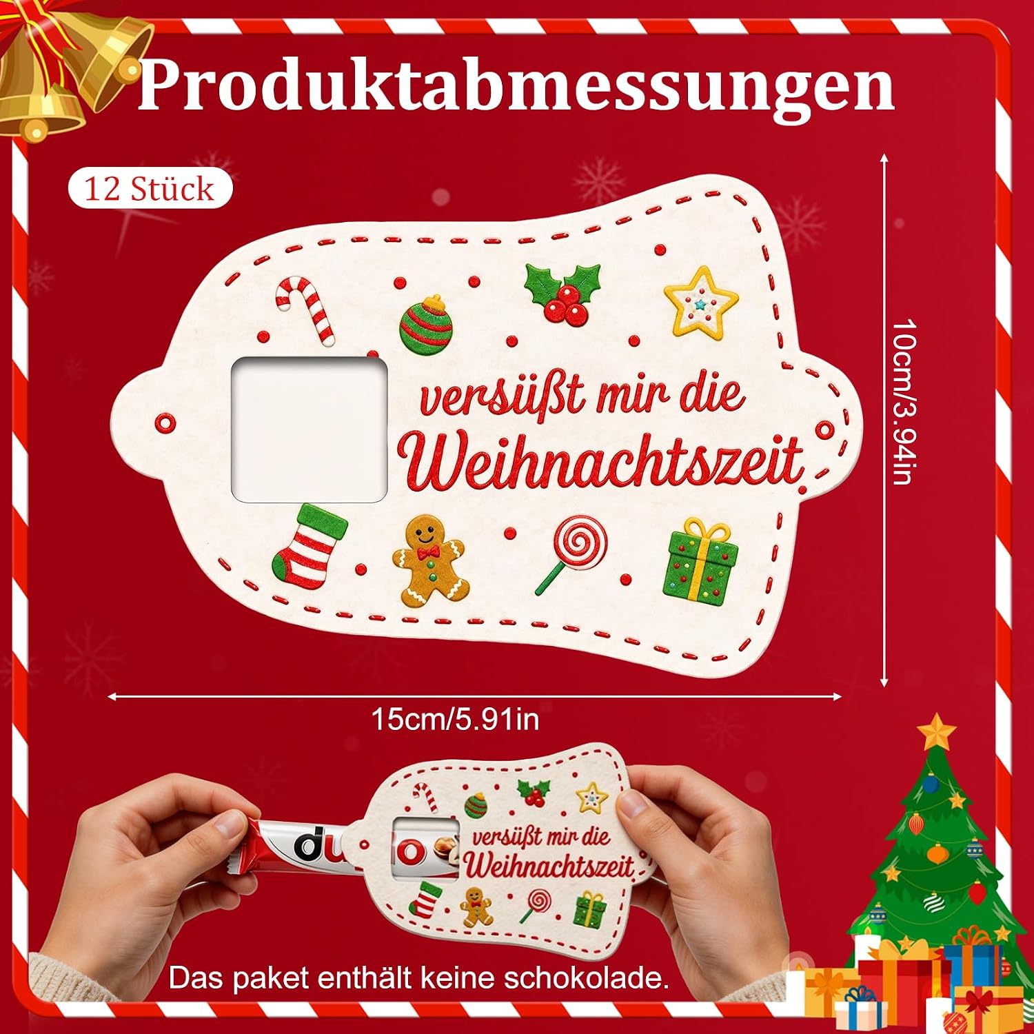Pack of 12 Christmas Gifts Small Items, Felt Chocolate Bar Sleeves 15 x 10 cm, Small Christmas Gifts for Colleagues, Small Gifts for Colleagues, Employees, Christmas Gifts without Chocolate – Bild 2
