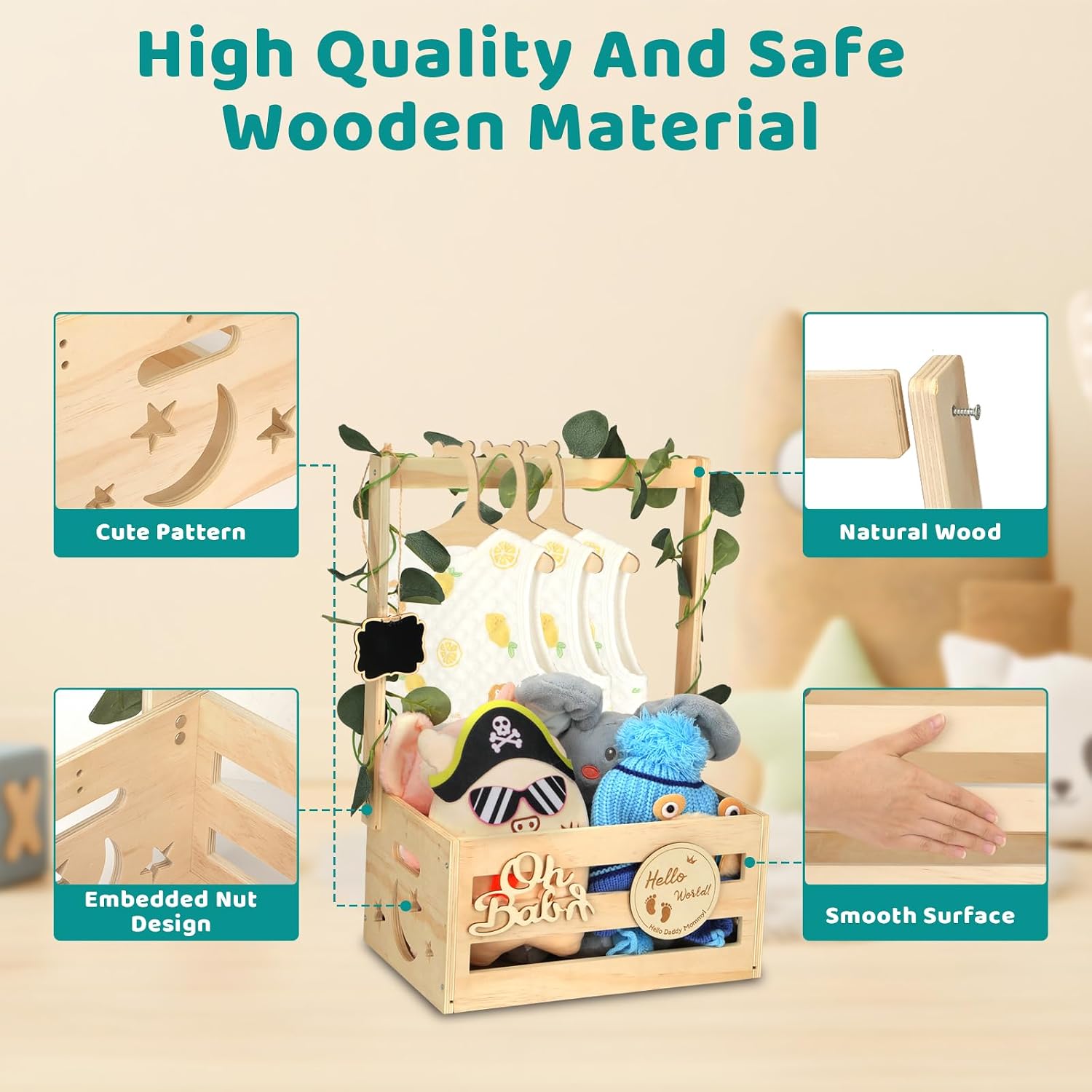 Baby Shower Gift with Wood, Baby Basket with 6 Wooden Hangers and Decorative Sheets, Gift Basket Baby Basket Gift with Wooden Sign, Baby Shower Party Gift for New Parents – Bild 3