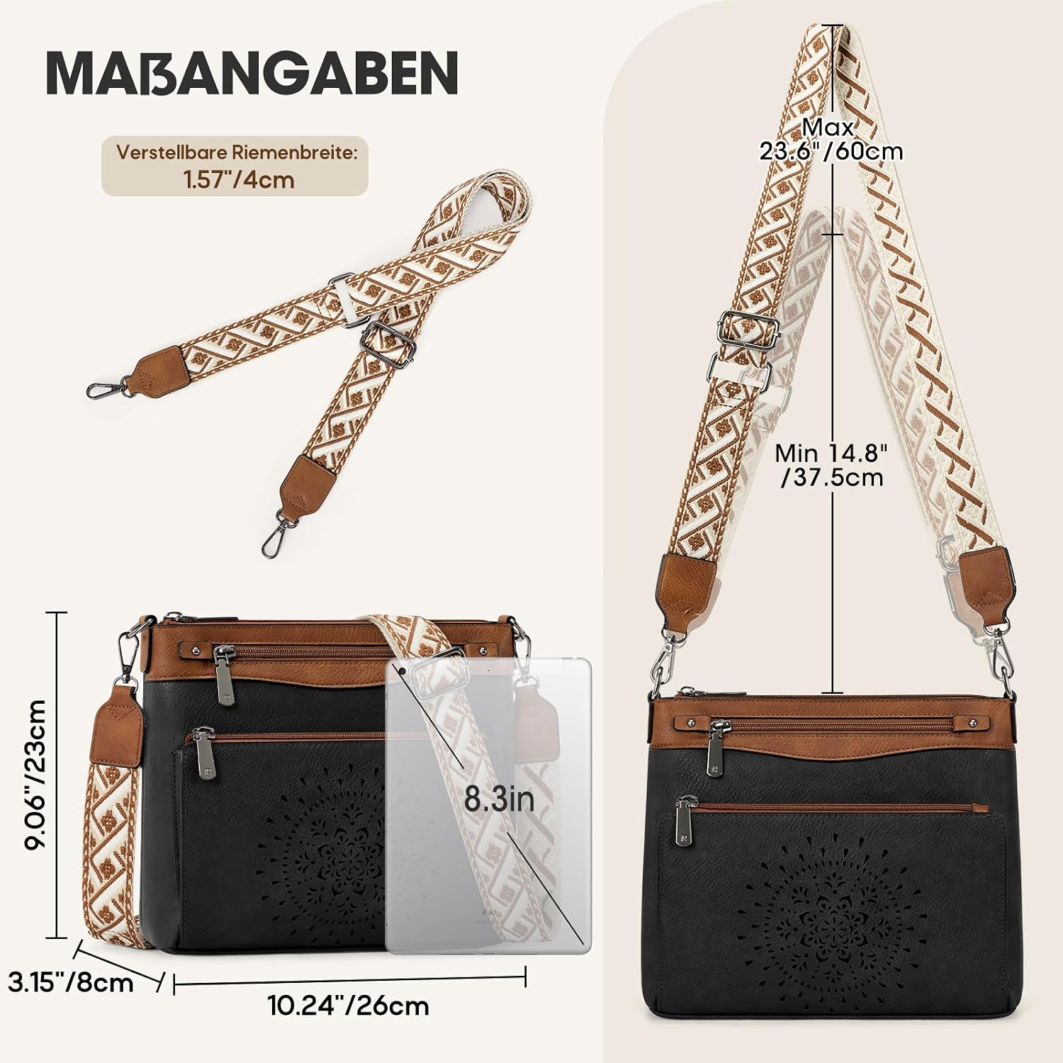 RAINSMORE Women's Medium Crossbody Bag with Card Slots, black/brown, Retro – Bild 6