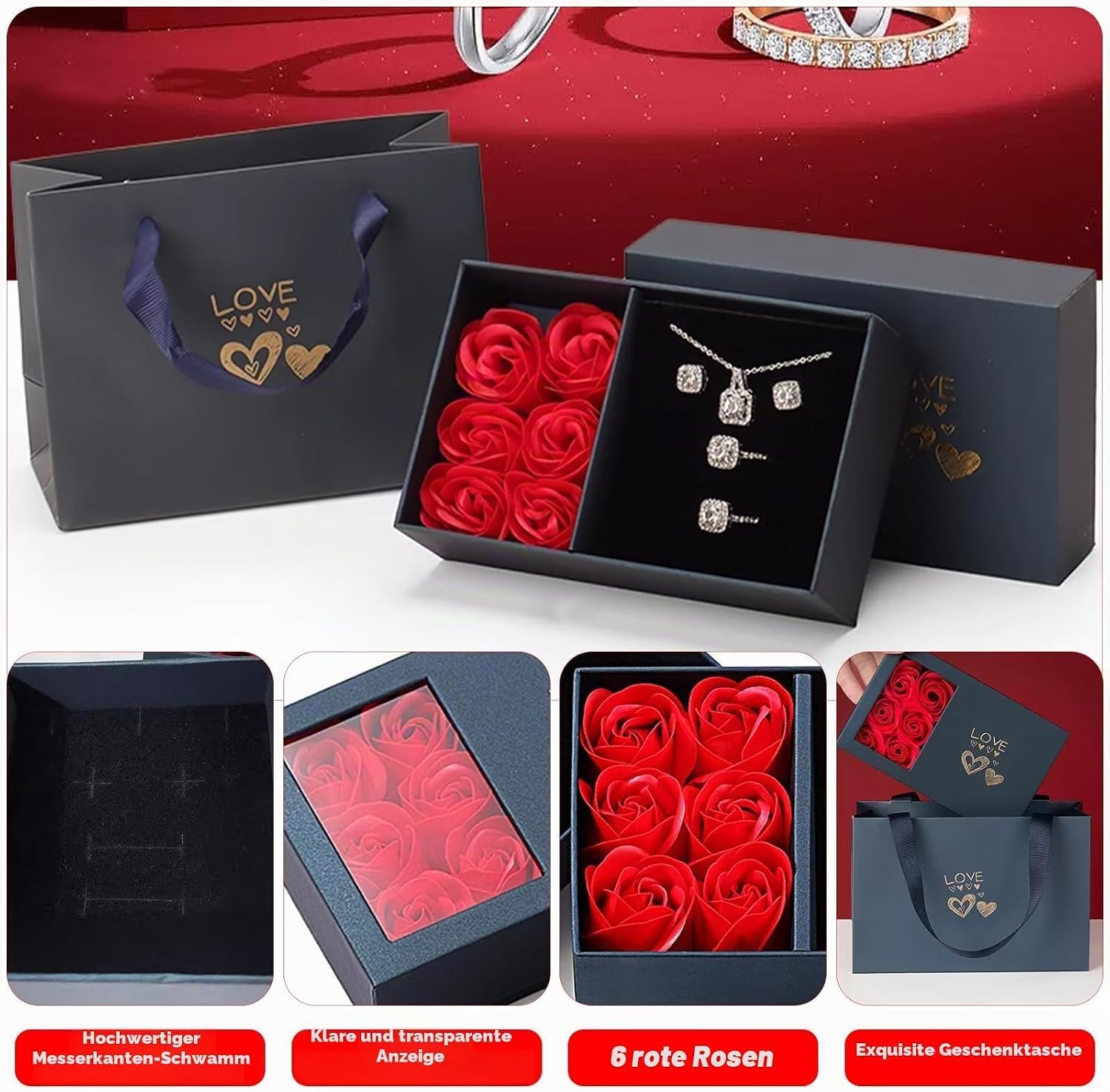 Rose Jewellery Gift Box, Jewellery Boxes for Ring, Earring, Necklace, Bracelet, Flower Jewellery Box for Valentine's Day, Mother's Day, Jewellery Gift Packaging – Bild 4