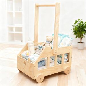 Baby Shower Gift with Wooden Baby Basket on Wheels, Baby Shower Gift with Handle, Changing Basket, Wooden Baby Shower Cabinet, for Birthdays, Baby Showers, Christmas, New Parents (35 x 25 x 55.5