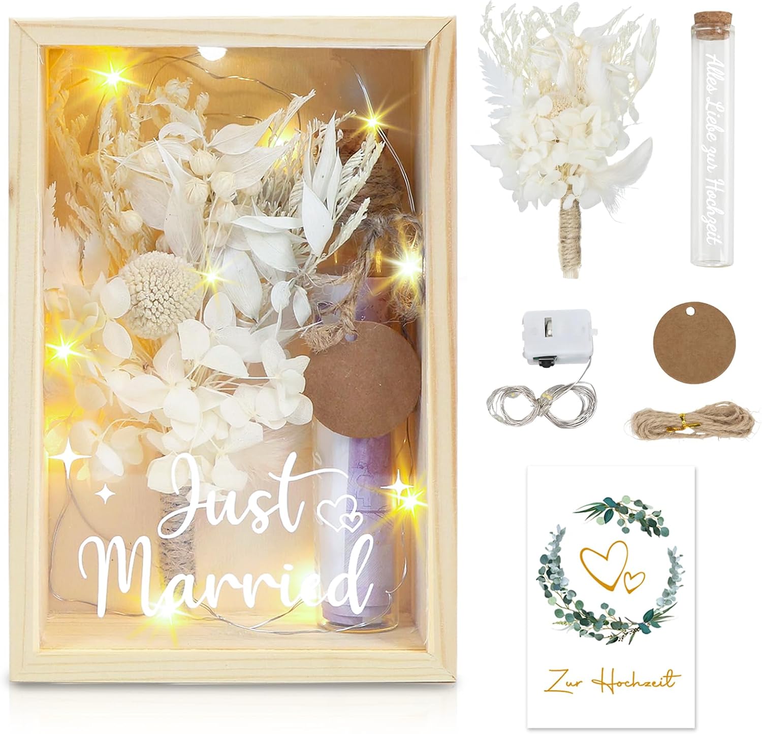 JustMarried Wedding Money Gift for Newlyweds, Gift Wedding Money for Newlyweds, Money Gifts with Dried Flowers, Wooden Box, Test Tube, Engagement, Wedding Anniversary, Wedding Gift