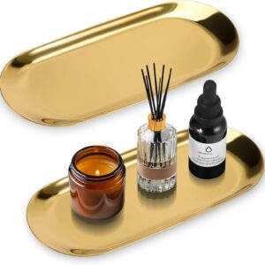 Fentar Set of 2 Gold Trays, Stainless Steel Small Candle Plate, Gold, Jewellery Stand, Decorative Tray, Oval Serving Tray, Elegant Golden Mini Decoration for Jewellery, Desserts, Snack, Coffee