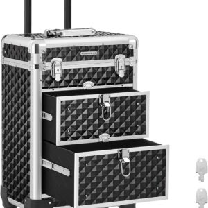 Songmics Make-Up Trolley, Cosmetic Case, Make-up case, Hairdresser’s Case, with 4 Removable, Universal Wheels, Top with 3 levels, Drawers with Slide Rails, Professional, for Travel Black
