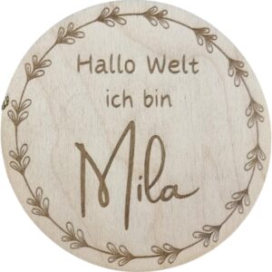 Personalised Baby Name Disc with Flower Wreath, Wooden Disc with Name, Announcement for Birth Gift, Gift Idea (15 cm)