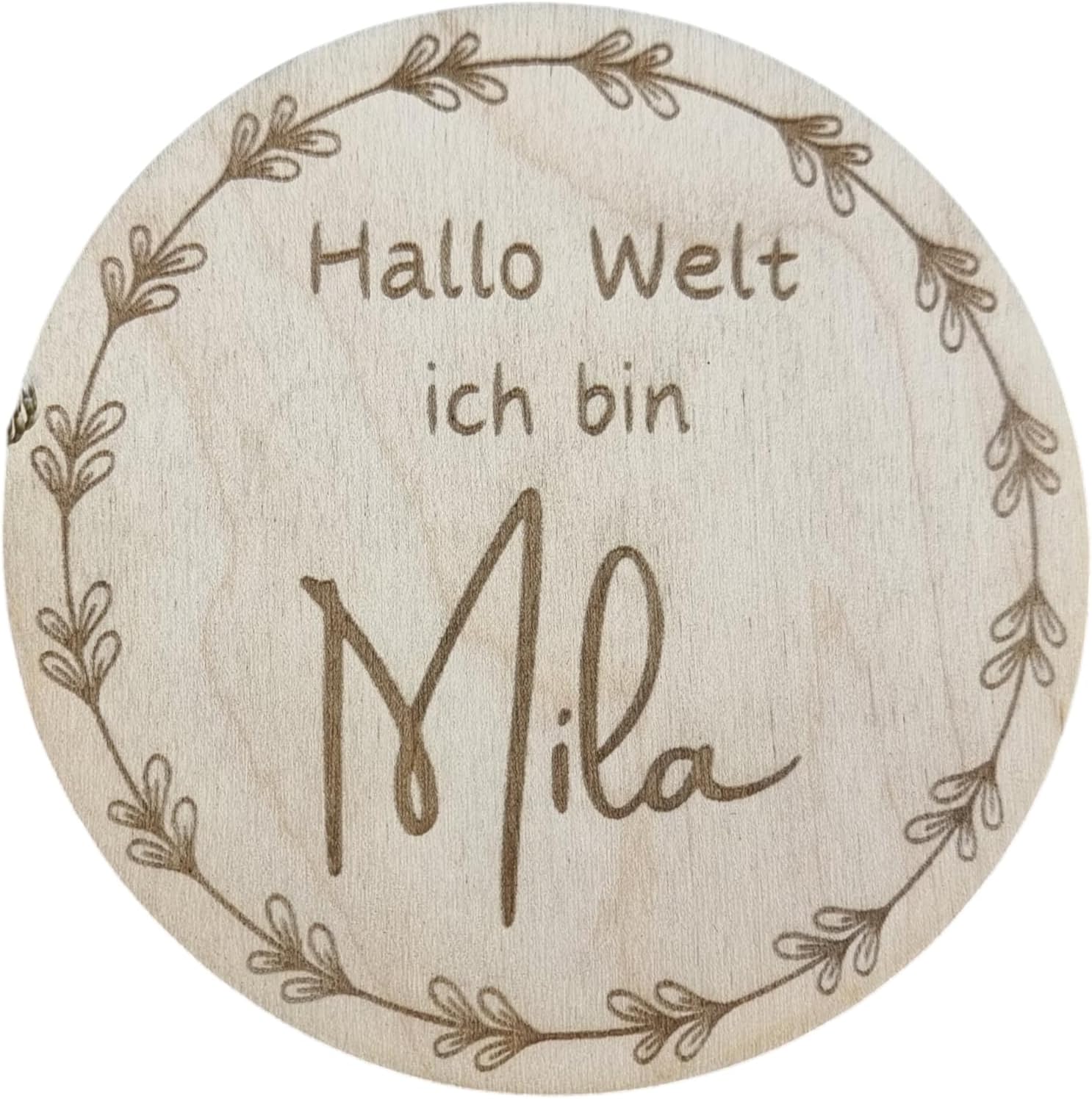 Personalised Baby Name Disc with Flower Wreath, Wooden Disc with Name, Announcement for Birth Gift, Gift Idea (15 cm)