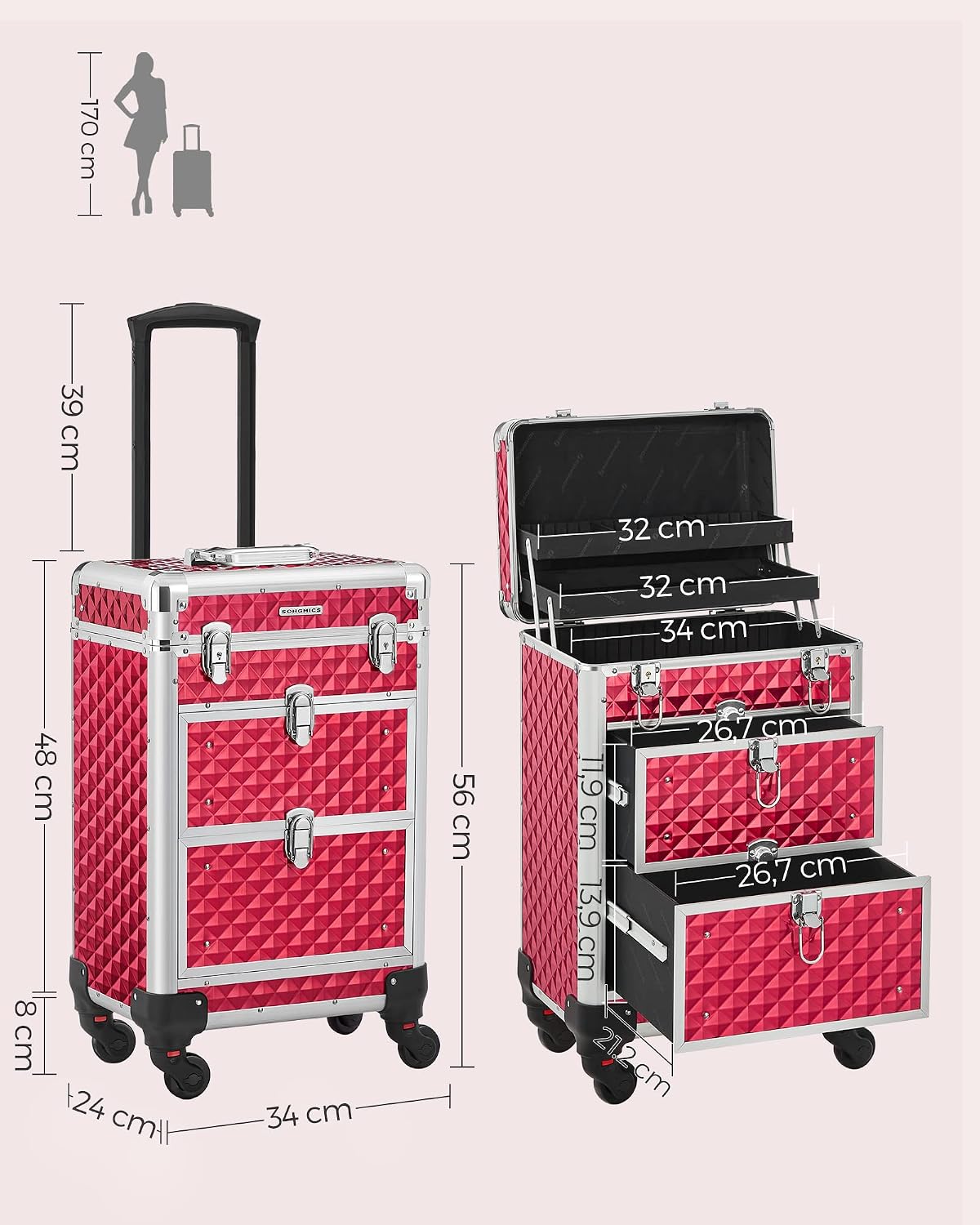 Songmics Make-Up Trolley, Cosmetic Case, Make-up case, Hairdresser’s Case, with 4 Removable, Universal Wheels, Top with 3 levels, Drawers with Slide Rails, Professional, for Travel Red – Bild 3